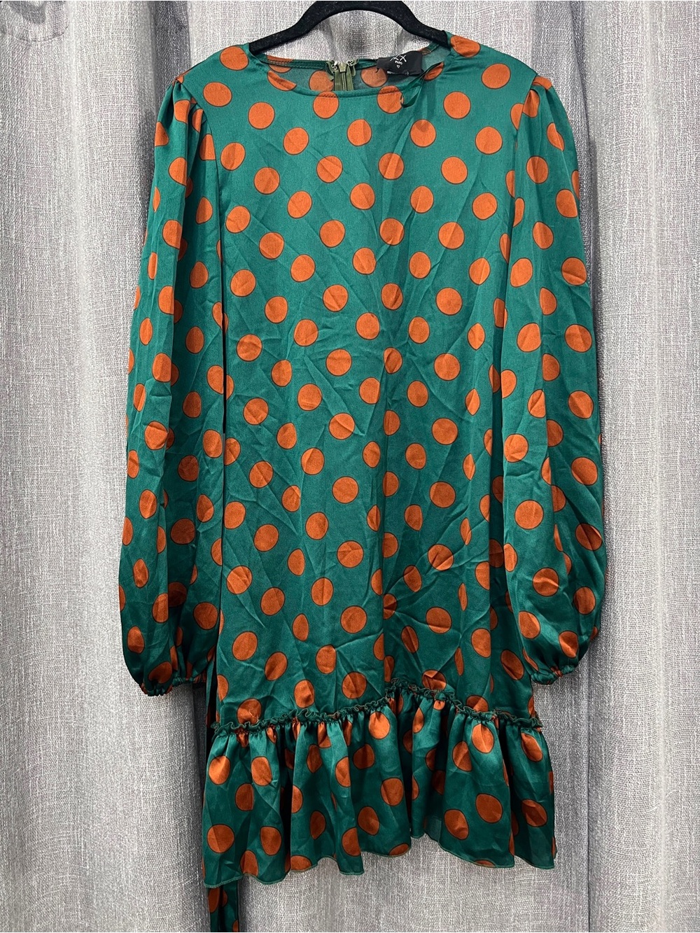 AX Paris Green Dress with Orange Polka Dots Long Sleeve Ruffle Hem